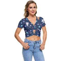Cute Astronaut Cat With Star Galaxy Elements Seamless Pattern Short Sleeve Foldover Tee by Salman4z