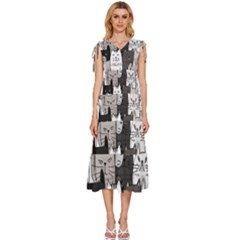 Cute Cat Hand Drawn Cartoon Style V-neck Drawstring Shoulder Sleeveless Maxi Dress by Salman4z
