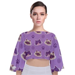 Cute Colorful Cat Kitten With Paw Yarn Ball Seamless Pattern Tie Back Butterfly Sleeve Chiffon Top by Salman4z