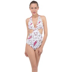 Cute Animal Seamless Pattern Kawaii Doodle Style Halter Front Plunge Swimsuit by Salman4z