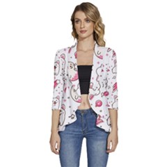 Cute Animal Seamless Pattern Kawaii Doodle Style Women s 3/4 Sleeve Ruffle Edge Open Front Jacket by Salman4z