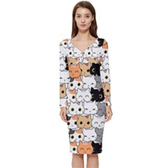Cute-cat-kitten-cartoon-doodle-seamless-pattern Long Sleeve V-neck Bodycon Dress  by Salman4z
