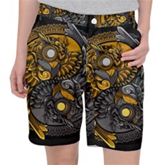 Yin-yang-owl-doodle-ornament-illustration Women s Pocket Shorts by Salman4z