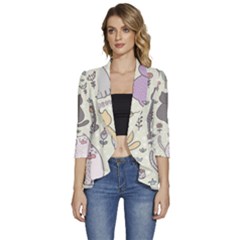 Funny Cartoon Cats Seamless Pattern Women s 3/4 Sleeve Ruffle Edge Open Front Jacket by Salman4z