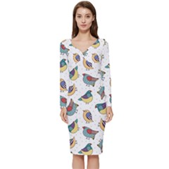 Seamless-pattern-with-hand-drawn-bird-black Long Sleeve V-neck Bodycon Dress  by Salman4z