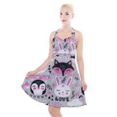 Big-set-with-cute-cartoon-animals-bear-panda-bunny-penguin-cat-fox Halter Party Swing Dress  by Salman4z