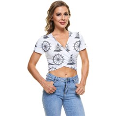 Marine Nautical Seamless Pattern With Vintage Lighthouse Wheel Short Sleeve Foldover Tee by Salman4z