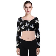 Crane Pattern Velvet Long Sleeve Crop Top by Salman4z