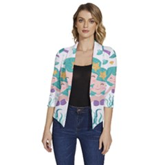 Set-cute-mermaid-seaweeds-marine-inhabitants Women s Draped Front 3/4 Sleeve Shawl Collar Jacket by Salman4z