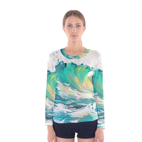 Waves Ocean Sea Tsunami Nautical Painting Women s Long Sleeve Tee by Ravend