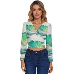 Waves Ocean Sea Tsunami Nautical Painting Long Sleeve V-neck Top by Ravend