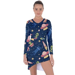 Seamless-pattern-with-funny-aliens-cat-galaxy Asymmetric Cut-out Shift Dress by Salman4z