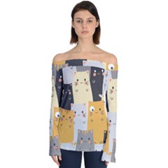 Seamless-pattern-cute-cat-cartoons Off Shoulder Long Sleeve Top by Salman4z