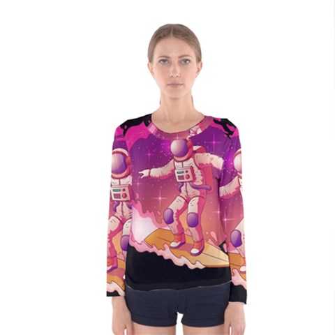 Astronaut-spacesuit-standing-surfboard-surfing-milky-way-stars Women s Long Sleeve Tee by Salman4z