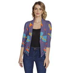 Space-seamless-pattern Women s Draped Front 3/4 Sleeve Shawl Collar Jacket by Salman4z