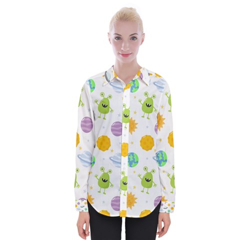 Seamless-pattern-cartoon-space-planets-isolated-white-background Womens Long Sleeve Shirt by Salman4z