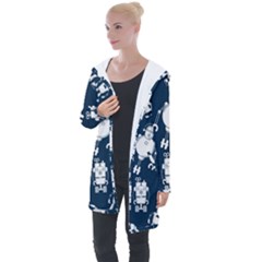 White-robot-blue-seamless-pattern Longline Hooded Cardigan by Salman4z