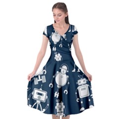 White-robot-blue-seamless-pattern Cap Sleeve Wrap Front Dress by Salman4z