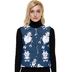 White-robot-blue-seamless-pattern Women s Short Button Up Puffer Vest by Salman4z