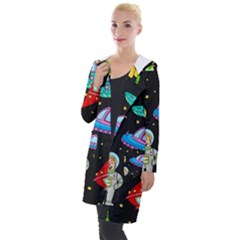 Seamless-pattern-with-space-objects-ufo-rockets-aliens-hand-drawn-elements-space Hooded Pocket Cardigan by Salman4z
