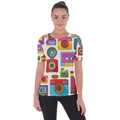 Retro-cameras-audio-cassettes-hand-drawn-pop-art-style-seamless-pattern Shoulder Cut Out Short Sleeve Top by Salman4z