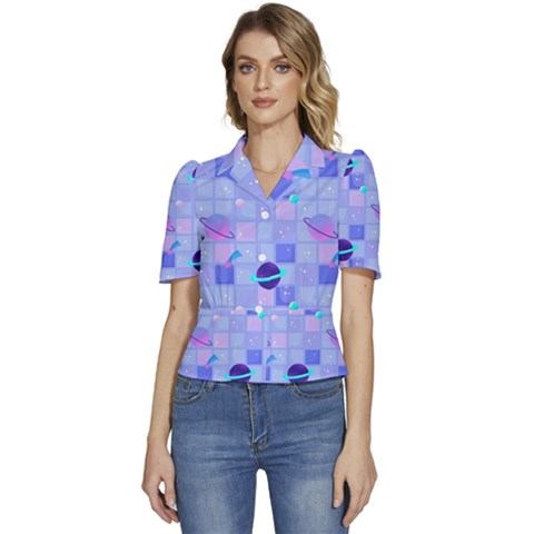 Seamless-pattern-pastel-galaxy-future Puffed Short Sleeve Button Up Jacket by Salman4z