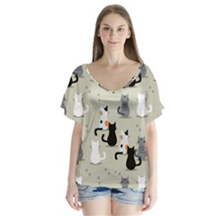 Cute-cat-seamless-pattern V-neck Flutter Sleeve Top by Salman4z