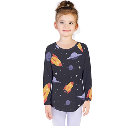 Cosmos Rockets Spaceships Ufos Kids  Long Sleeve Tee by pakminggu