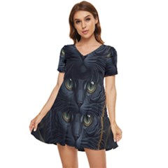 Art Cat Drawing Mammal Animal Feline Tiered Short Sleeve Babydoll Dress by pakminggu