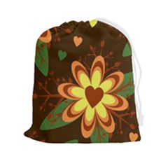 Floral Hearts Brown Green Retro Drawstring Pouch (2xl) by danenraven
