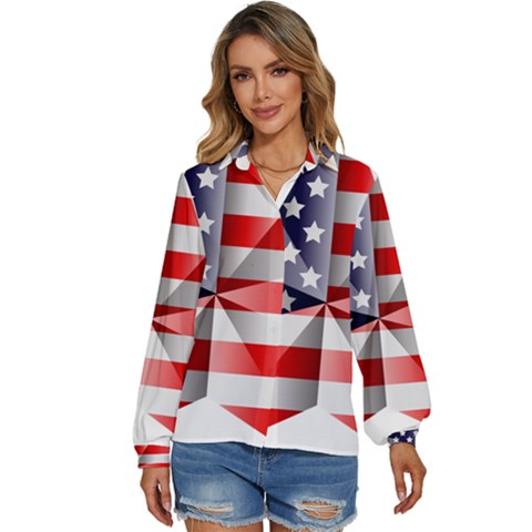 United States Of America Flag Of The United States Independence Day Women s Long Sleeve Button Up Shirt by danenraven