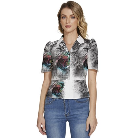 Lion King Head Puffed Short Sleeve Button Up Jacket by Mog4mog4