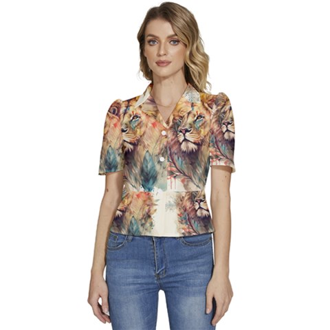 Lion Africa African Art Puffed Short Sleeve Button Up Jacket by Mog4mog4