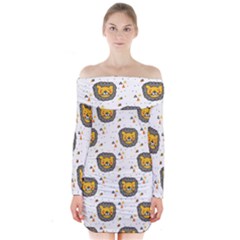 Lion Heads Pattern Design Doodle Long Sleeve Off Shoulder Dress by Mog4mog4