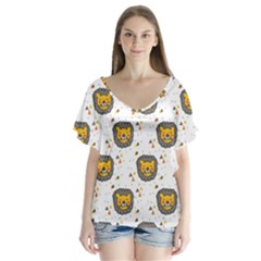 Lion Heads Pattern Design Doodle V-neck Flutter Sleeve Top by Mog4mog4