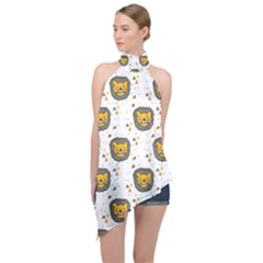 Lion Heads Pattern Design Doodle Halter Asymmetric Satin Top by Mog4mog4