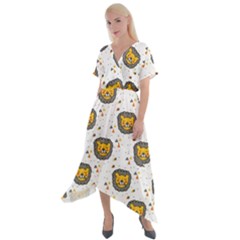 Lion Heads Pattern Design Doodle Cross Front Sharkbite Hem Maxi Dress by Mog4mog4