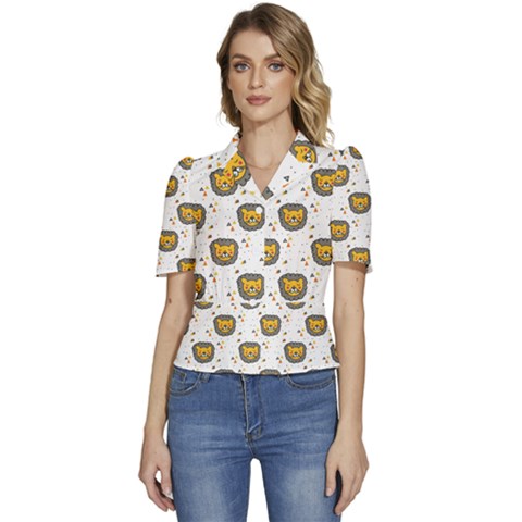 Lion Heads Pattern Design Doodle Puffed Short Sleeve Button Up Jacket by Mog4mog4