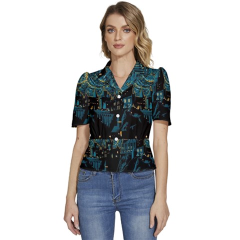 Hogwarts Castle Van Gogh Puffed Short Sleeve Button Up Jacket by Mog4mog4