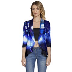 Tardis Background Space Women s 3/4 Sleeve Ruffle Edge Open Front Jacket by Mog4mog4