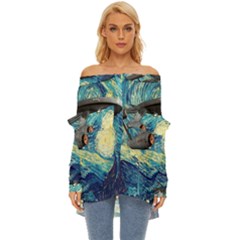 Star Starship The Starry Night Van Gogh Off Shoulder Chiffon Pocket Shirt by Mog4mog4