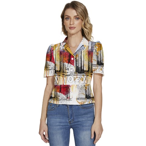 New York City Skyline Vector Illustration Puffed Short Sleeve Button Up Jacket by Mog4mog4
