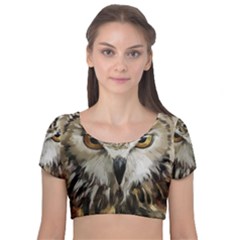 Vector Hand Painted Owl Velvet Short Sleeve Crop Top  by Mog4mog4