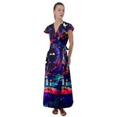 Cartoon Parody In Outer Space Flutter Sleeve Maxi Dress by Mog4mog4
