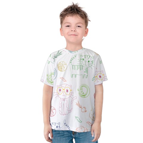 Cats And Food Doodle Seamless Pattern Kids  Cotton Tee by Bakwanart