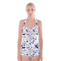 Giant Panda Bear Pattern Boyleg Halter Swimsuit  by Bakwanart