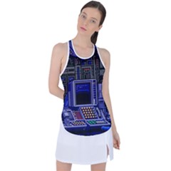 Blue Computer Monitor With Chair Game Digital Wallpaper, Digital Art Racer Back Mesh Tank Top by Bakwanart