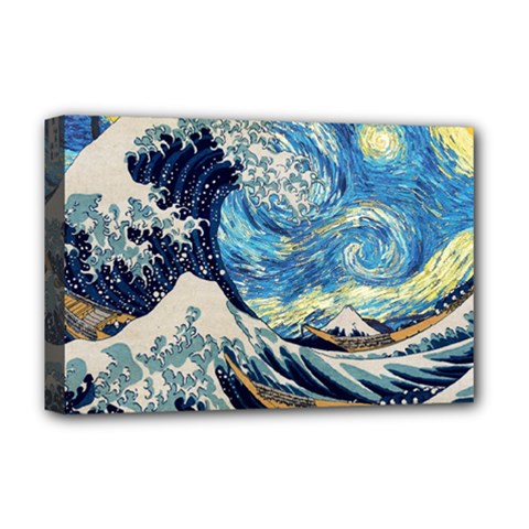 The Great Wave Of Kanagawa Painting Hokusai, Starry Night Vincent Van Gogh Deluxe Canvas 18  X 12  (stretched) by Bakwanart