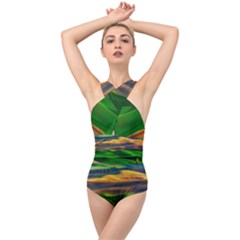 Grassland Nature Palouse Green Field Hill Sky Butte Cross Front Low Back Swimsuit by Bakwanart