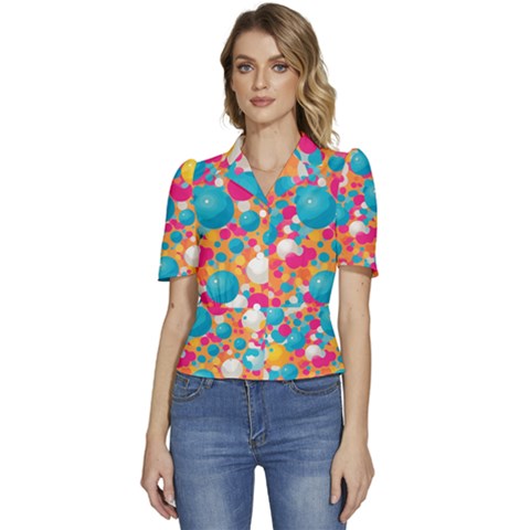 Circles Art Seamless Repeat Bright Colors Colorful Puffed Short Sleeve Button Up Jacket by 99art